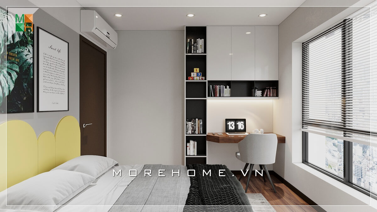 Mẫu giường ngủ hiện đại hướng ra cửa số, màu sắc phù hợp với không gian phòng ngủ chung cư, nhà phố. Mẫu thiết kế nội thất chung cư đẹp