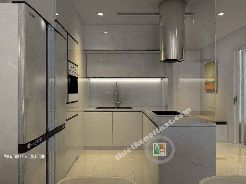Thiết kế phòng bếp chung cư cao cấp với hệ tủ bếp acrylic màu trắng kết hợp bàn đảo ốp đá nhân tạo mang đến vẻ đẹp sang trọng và đẳng cấp cho căn bếp gia đình bạn