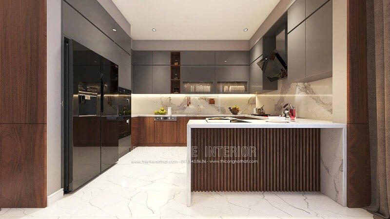 Trang trí nội thất phòng bếp độc đáo từ gỗ An Cường cao cấp kết hợp cùng đá ốp bếp sang trọng.