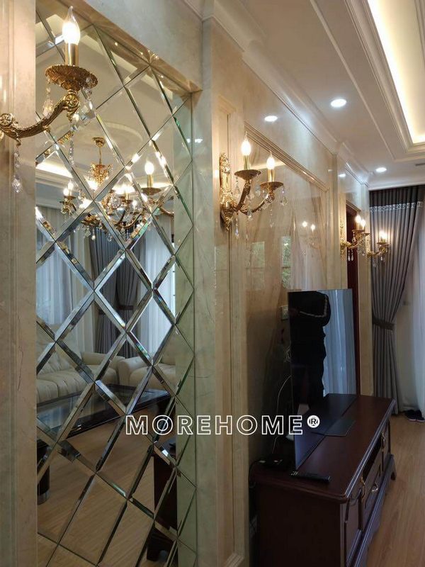 Thi công gương ghép ô cho phòng khách biệt thự tân cổ điển