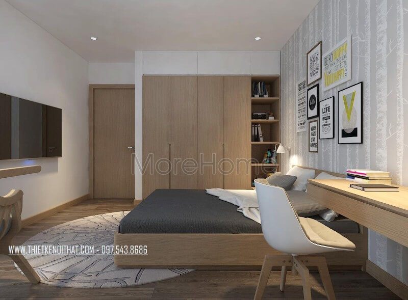 Điểm nhấn của không gian này là mẫu giấy dán tường đầu giường với họa tiết mới lạ