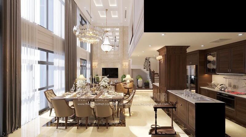 Trang trí nội thất phòng ăn duplex, penthouse đẳng cấp với mẫu bàn ghế ăn gỗ óc chó sang trọng
