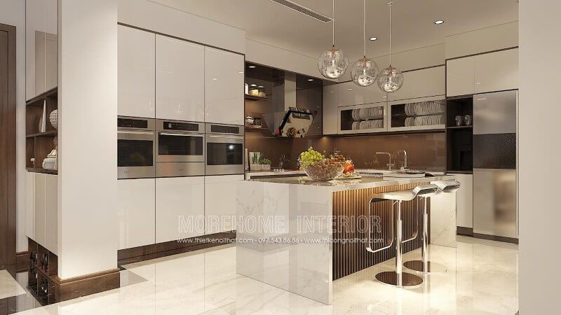Thiết kế tủ bếp đẹp, ở chính giữa không gian là chiếc bàn đảo tích hợp nhiều công năng như quầy bar, bàn ăn phụ tạo sự tiện nghi trong hoạt động nấu nướng, dùng bữa