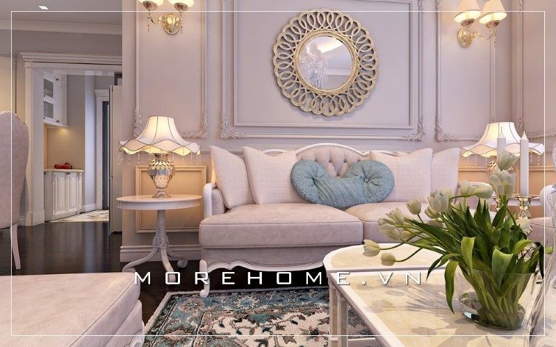 Sofa phòng khách được thiết kế mang phong cách tân cổ điển góp phần tôn thêm giá trị thẩm mỹ cho không gian sống của gia đình.