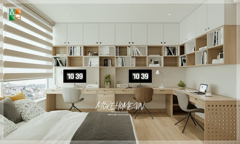 Trang trí phòng ngủ căn hộ có bàn làm việc mang sự thoải mái tiện lợi khi cần mang công việc về nhà làm.