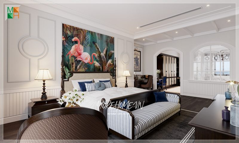 Giường ngủ mang phong cách thiết kế Indochine góp phần mang đến cho không gian phòng ngủ sự sang trọng và ấn tượng cho không gian phòng ngủ.