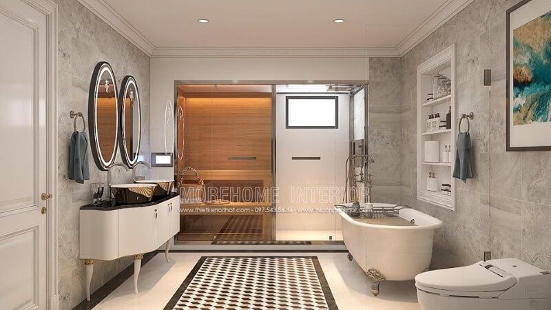 Hãy sắp đặt nội thất phòng tắm tân cổ điển đẹp, sang trọng với bồn tắm gia đình cao cấp và phòng xông hơi.
