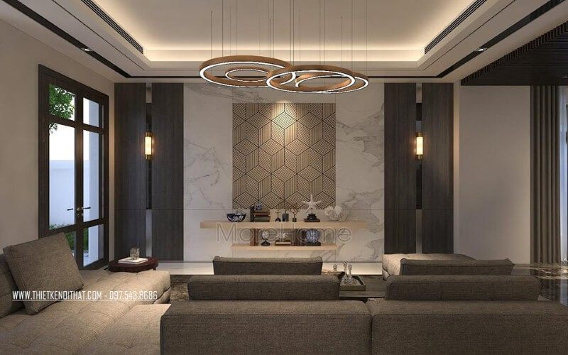 Thiết kế phòng khách hiện đại ấn tượng với đá ốp tường cao cấp cùng họa tiết 3D độc đáo.