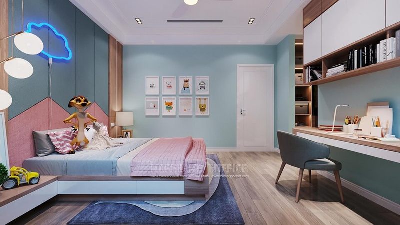 Trang trí nội thất phòng ngủ trẻ em đẹp với chiếc giường ngủ có hộc hiện đại, bàn học liền giá sách khoa học và thẩm mỹ, tranh canvas treo tường đáng yêu, màu sơn tường tươi mới....