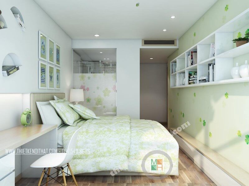Thiết kế nội thất phòng ngủ cho bé ấn tượng với tông màu xanh nhạt giúp không gian căn phòng thêm thoáng và tươi mới