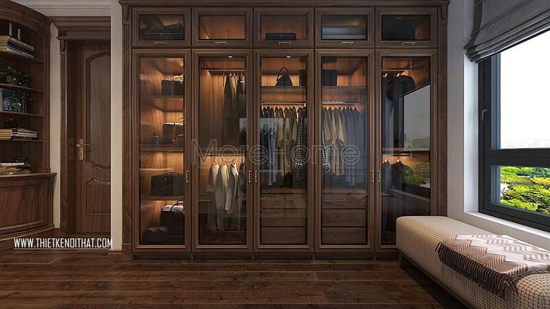 Mẫu tủ quần áo màu nâu trầm đẹp được làm bằng gỗ tự nhiên kết hợp cửa kính sang trọng