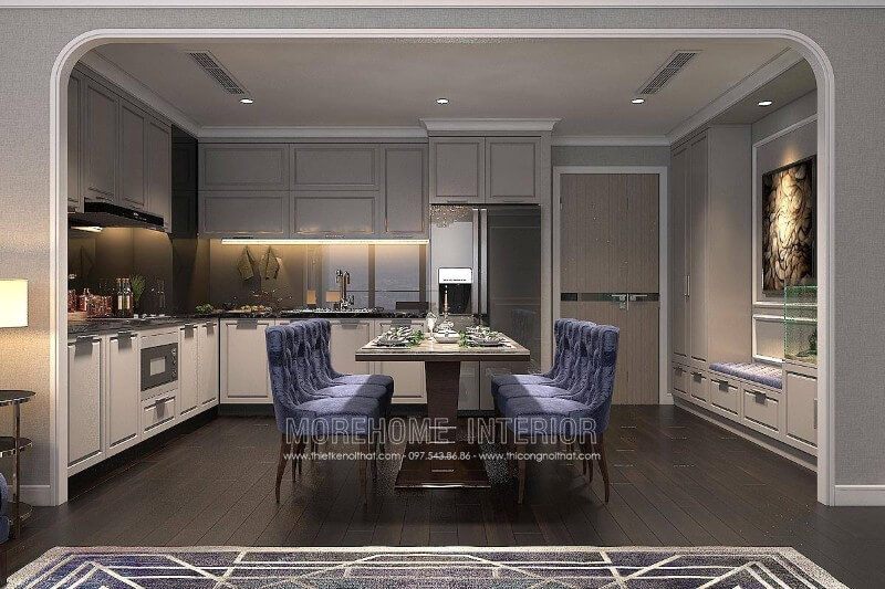 Bộ bàn ăn gam màu tím đẹp nhẹ nhàng, là điểm nhấn cho không gian bếp
