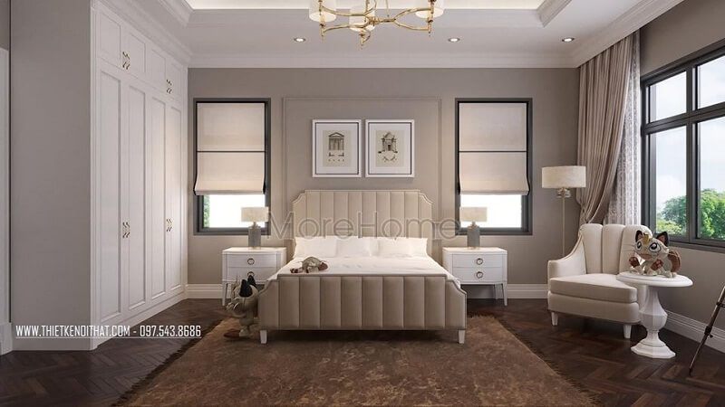 Phòng ngủ của gia chủ trở nên nổi bật với mẫu tủ quần áo âm tường gỗ tự nhiên đẹp màu trắng trang nhã, tinh tế giúp tiết kiệm diện tích không gian căn phòng