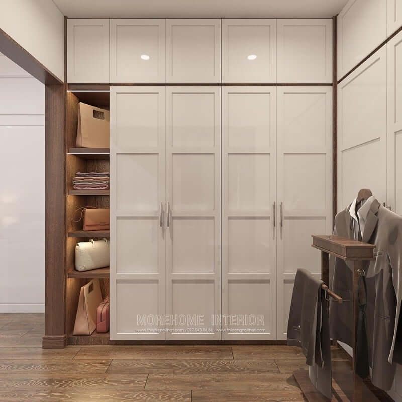 Mẫu tủ quần áo cao cấp sơn bệt màu trắng với thiết kế ấn tượngthêm ngăn tủ không cánh mang đến vẻ đẹp sang trọng cho không gian căn phòng