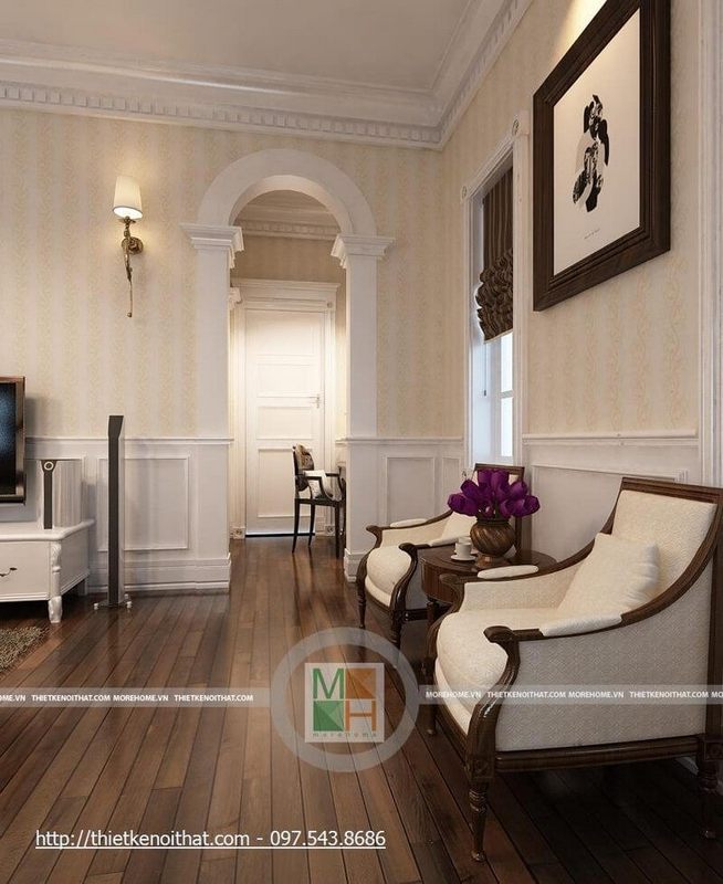 Mẫu sofa đơn gỗ tự nhiên bọc nỉ tân cổ điển sang trọng cho phòng ngủ biệt thự