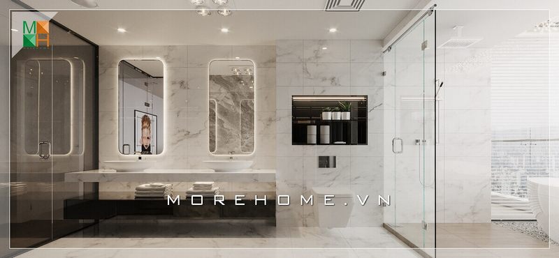 Với phòng tắm có diện tích lớn, có thể sử dụng vách kính cường lực để phân chia khu vực vệ sinh và khu vực tắm để tránh tình trạng bị bắn nước, giúp cho phòng tắm luôn sạch sẽ khô ráo