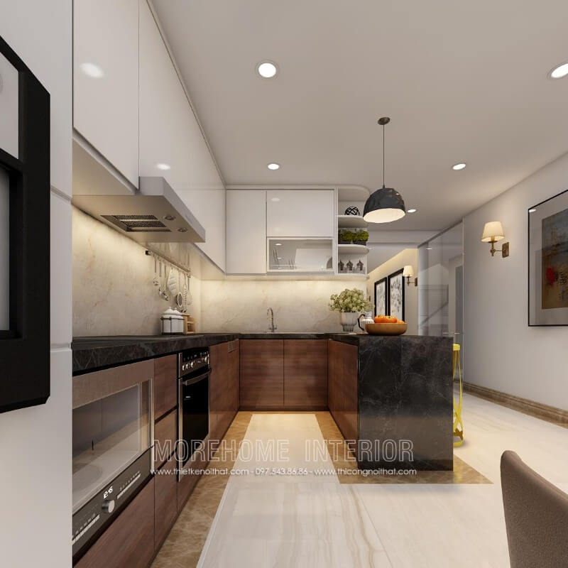 .
Tủ bếp hiện đại được thiết kế từ gỗ Veneer óc chó kết hợp với gỗ Acrylic, mang lại một cảm giác đặc biệt cho mọi ánh nhìn của khách đến thăm quan.