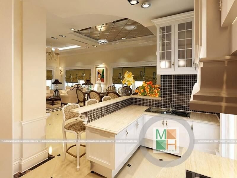 Sự kết hợp của tông màu trắng và đen khi thiết kế nội thất phòng bếp sẽ tạo nên một cảm giác sạch sẽ và sang trọng.