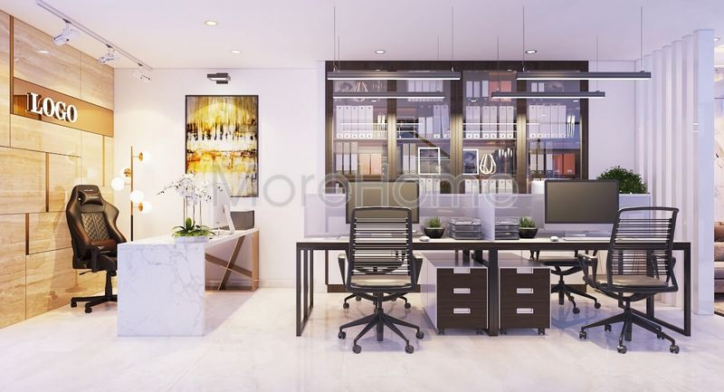 Tạo ra một không gian làm việc hiện đại với tất cả các tính năng cần thiết, từ máy tính đến tủ tài liệu, cho một văn phòng nhỏ.