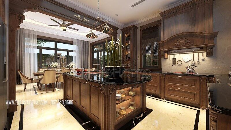Tủ bếp gỗ óc chó tân cổ điển cao cấp, được bán với giá cao tại biệt thự Vinhomes Greenbay Hà Nội.